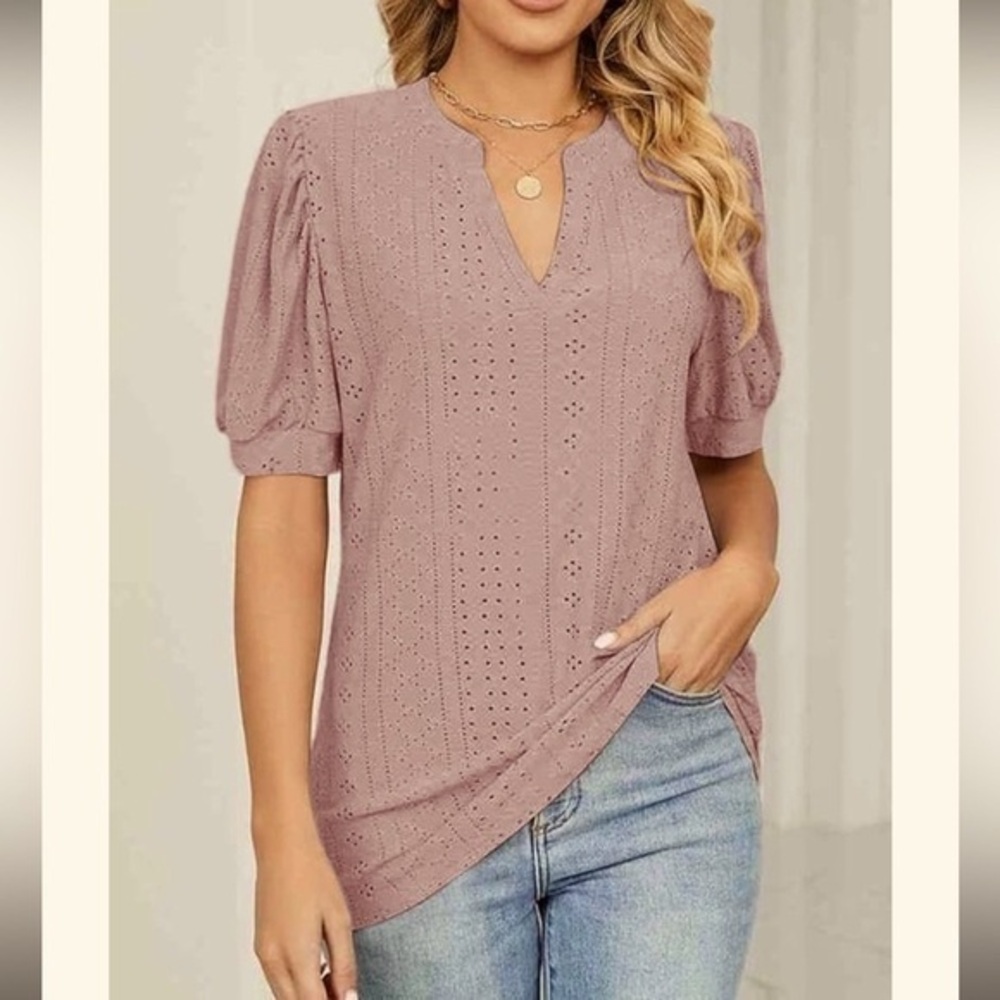 Women's Mauve Open Eyelet Top Short Sleeve Puff Sleeve Size M It#J06